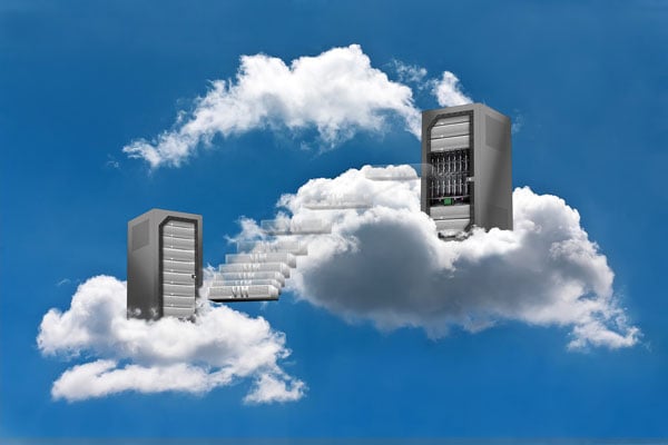 Cloud Computing: computer towers sitting on clouds