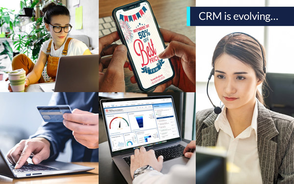 CRM collage: woman at laptop, hand holding credit card, email discount, CRM dashboard