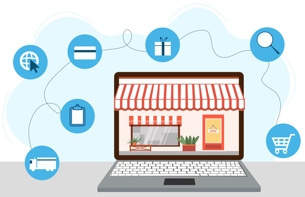 Illustration of e-commerce symbols around a laptop with digital storefront