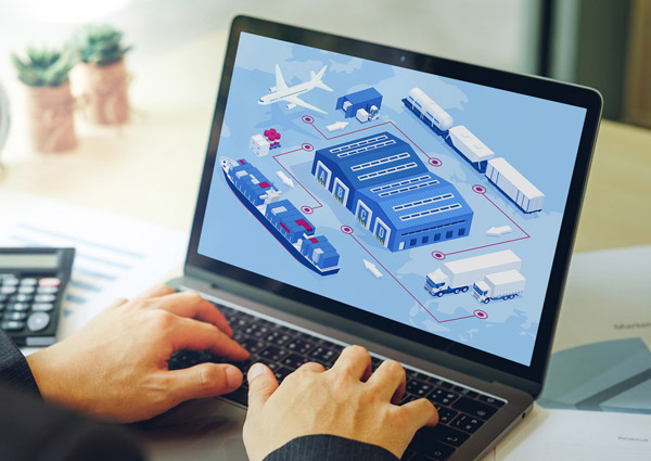 Image of a laptop with supply chain illustration on screen